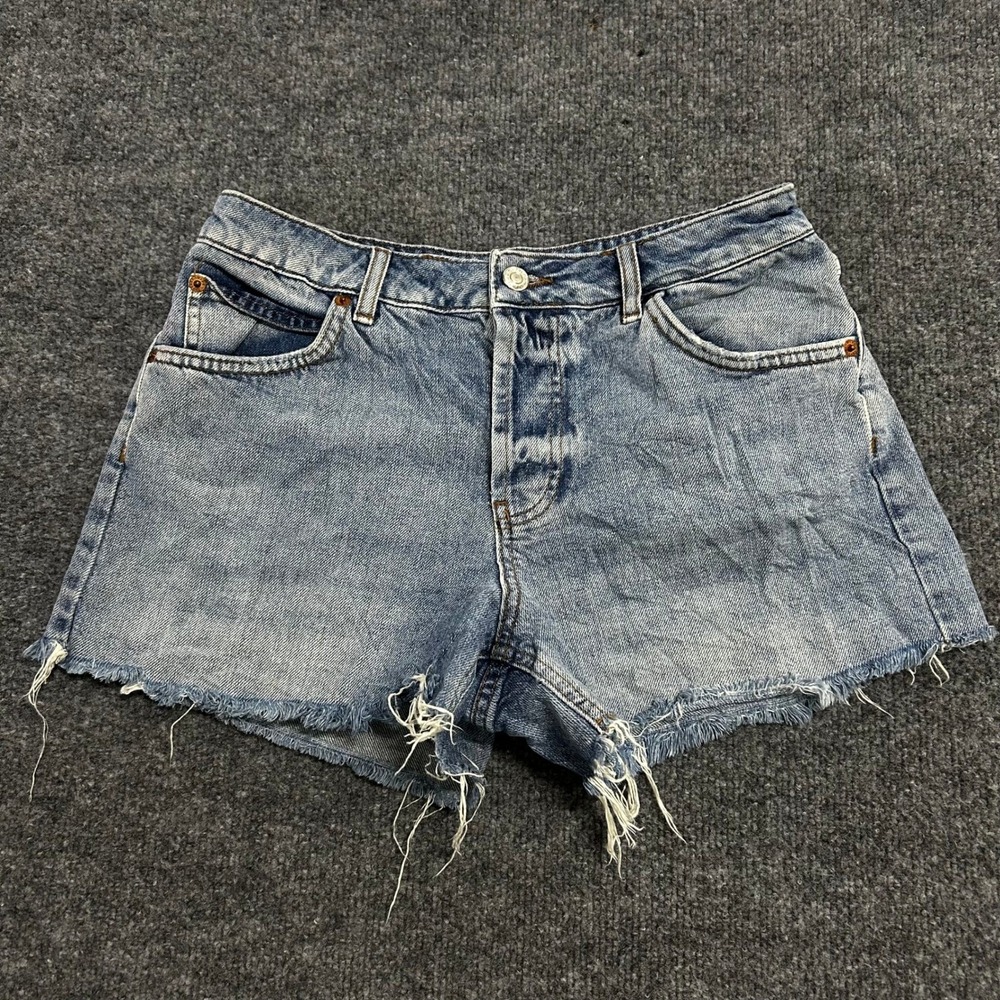 Topshop Denim Shorts Womens Size 6 Blue Moto Raw Hem Frayed Cotton Casual Summer